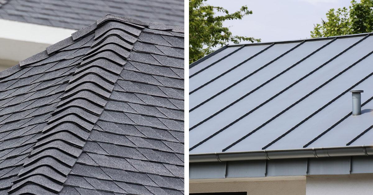 Side-by-side comparison of asphalt shingles and metal roofing on adjacent homes